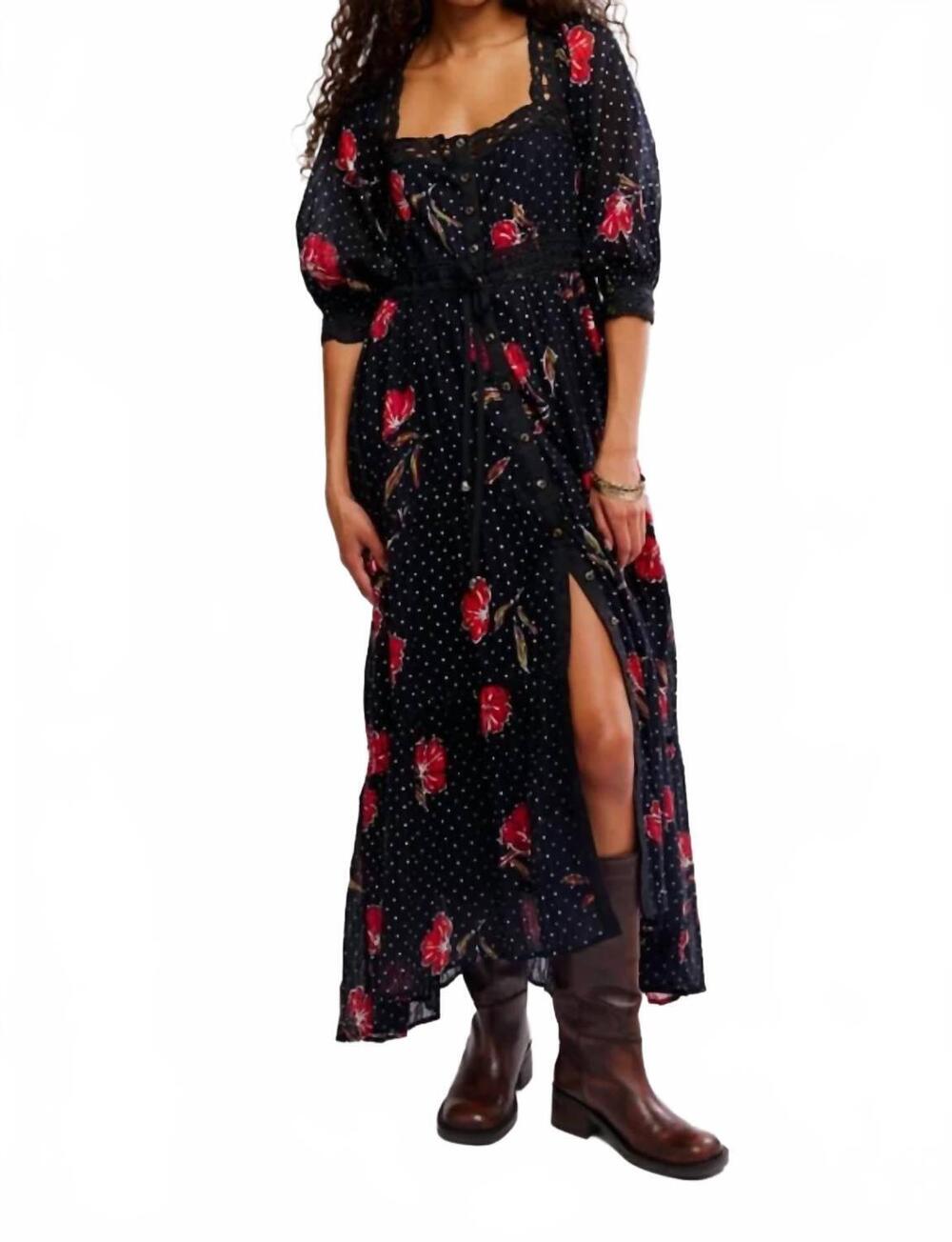 NEW FREE PEOPLE morning meadows long sleeve maxi dress in red pop
